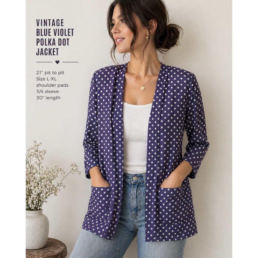 Vintage Polkadot Blazer Blue Violet Retro 90s Going Out Business Casual Size LP